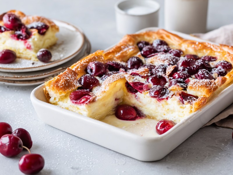 Eine Auflaufform mit einem Kirsch-Käsekuchen mit Blätterteig, der mit Puderzucker bestäubt ist. Außerdem ist ein Stapel mit Tellern zu sehen. Auf dem obersten Teller liegt ein Kuchenstück. Ringsum liegen frische Kirschen verteilt, im Hintergrund steht ein Becher mit Milch. Die Auflaufform steht auf einem Küchenhandtuch.