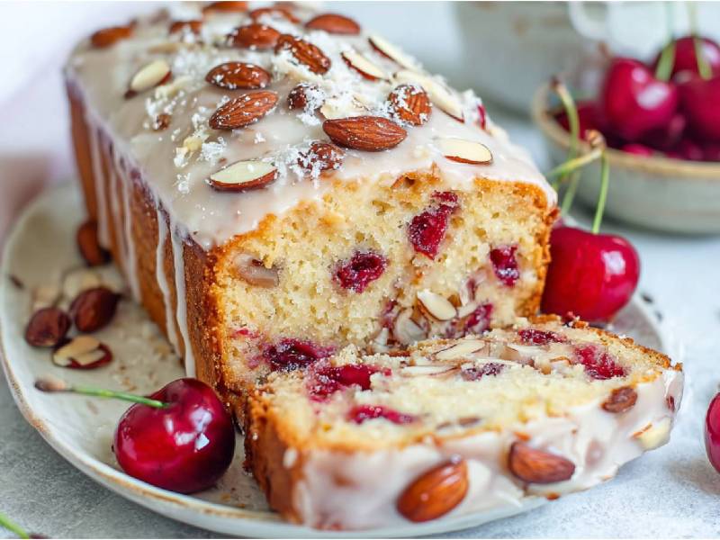 angeschnittener Kirsch-Mandel-Kuchen aus der Kastenform auf einem Tisch
