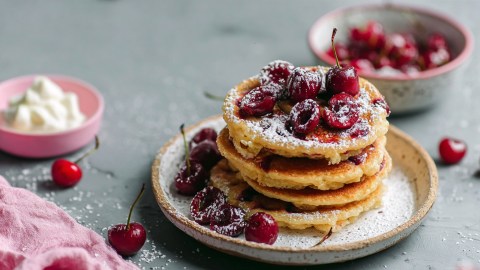Ein Teller mit einem Stapel Kirsch-Pancakes, die mit einigen frischen Kirschen und Puderzucker garniert sind. Im Hintergrund ist eine Schale mit etwas Vanillequark und eine Schüssel mit Kirschen zu sehen. Außerdem kullern einige frische Kirschen herum. Im linken unteren Bildrand ist ein rosa Küchenhandtuch drapiert.