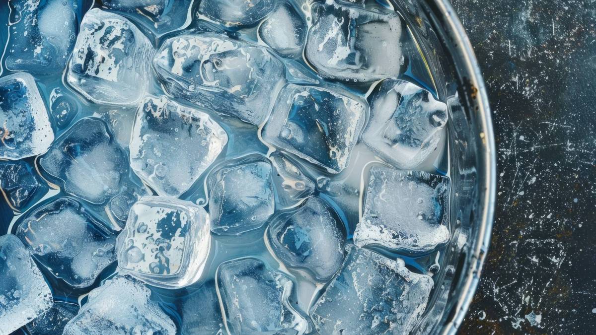 Eine Schüssel mit ganz vielen klaren Eiswürfeln.