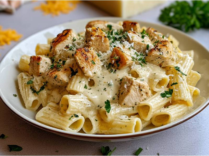 Teller mit Knoblauchbutter-Hühnchen mit Nudeln