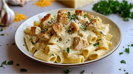 Teller mit Knoblauchbutter-Hühnchen mit Nudeln