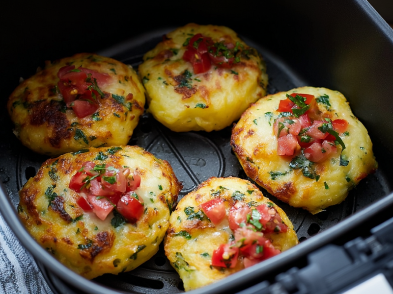 5 Knödeltaler liegen in einem Airfryer. Ein Handtuch-Zipfel ist zu sehen.