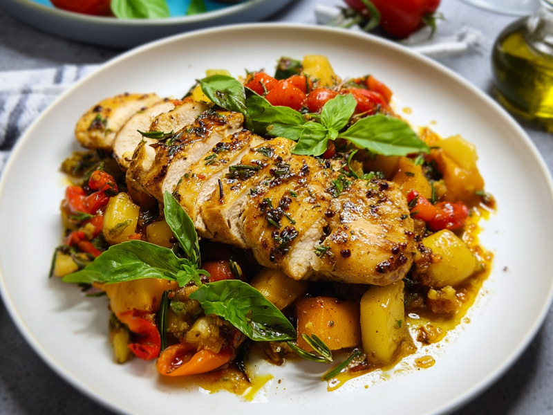 Knoblauch-Hähnchen mit Ratatouille auf einem hellen Teller, garniert mit Basilikum.