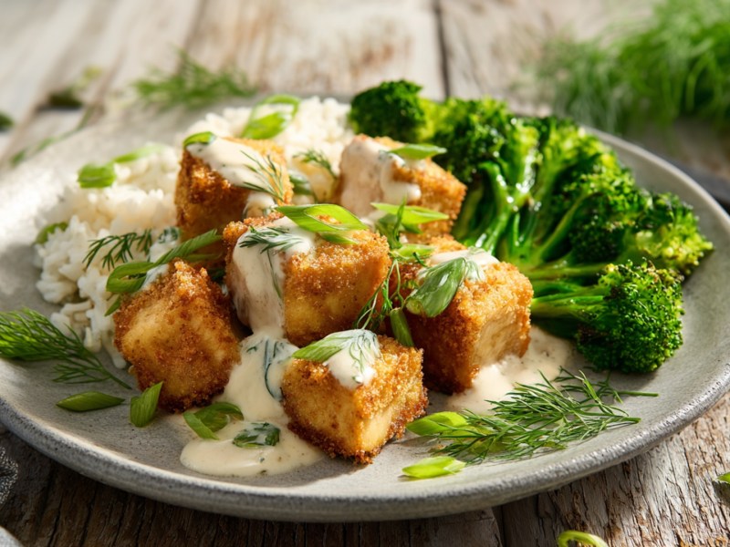 Ein Teller mit knusprigem Tofu mit Zitronen-Dill-Soße, Reis und Brokkoli. Das Ganze ist mit frischem Dill und Frühlingszwiebeln garniert. Im Hintergrund liegt ebenso frischer Dill herum.