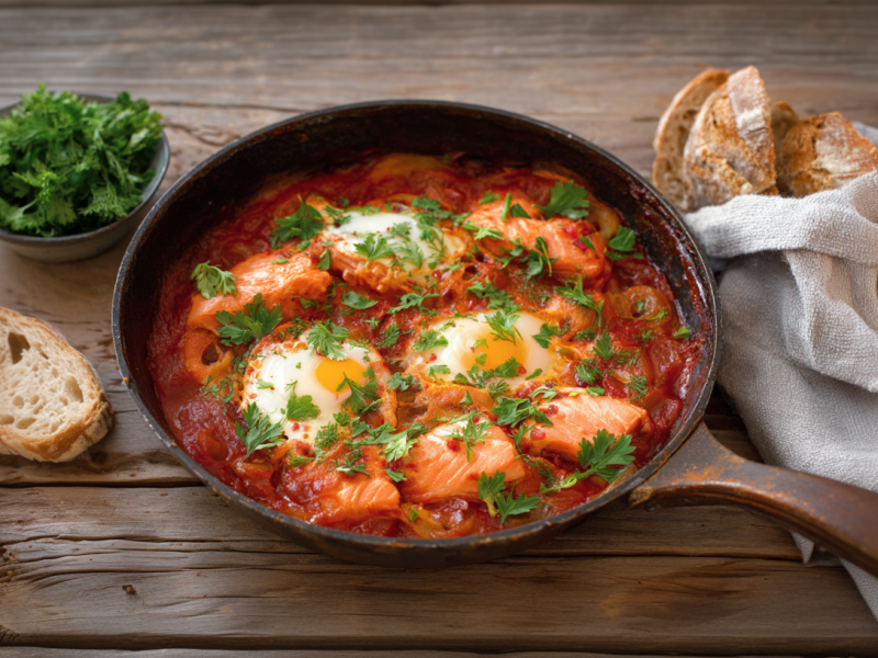 Eine Pfanne mit Lachs-Shakshuka auf einem Holztisch. Links im Bild sieht man frische Petersilie, Brot und Tomaten. Rechts daneben ein graues Tuch mit mehr Brot.