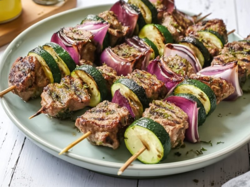 Vier Lamm-Zucchini-Spieße vom Grill liegen nebeneinander auf einem Teller.