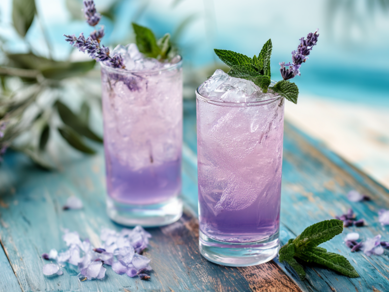 Zwei Gläser mit Lavendel-Mojito-Mocktail, garniert mit frischer Minze und Lavendelzweig.
