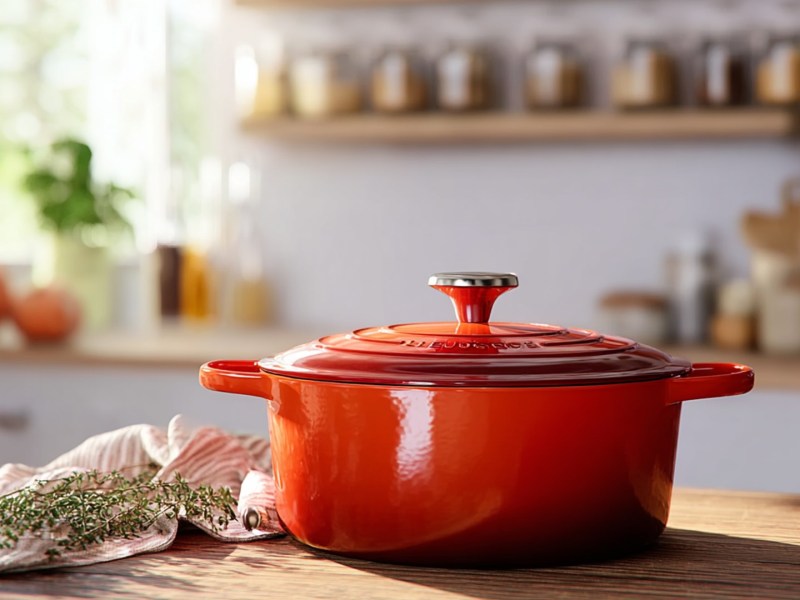 Ein roter Le Creuset Signature Gusseisen-Bräter, der in einer einladenden Küche auf einer Holzarbeitsplatte steht.