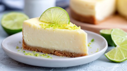 Ein Stück Limetten-Cheesecake, der mit Zesten und einer Limettenscheibe dekoriert ist.