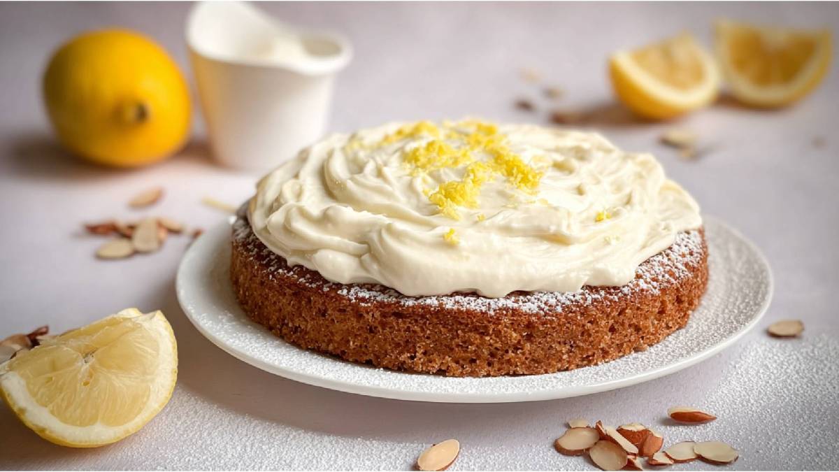 Teller mit Mandelkuchen mit Zitronen-Mascarpone-Creme