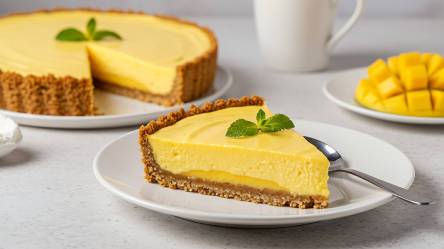 angeschnittene Mangocreme-Tarte auf einem Tisch