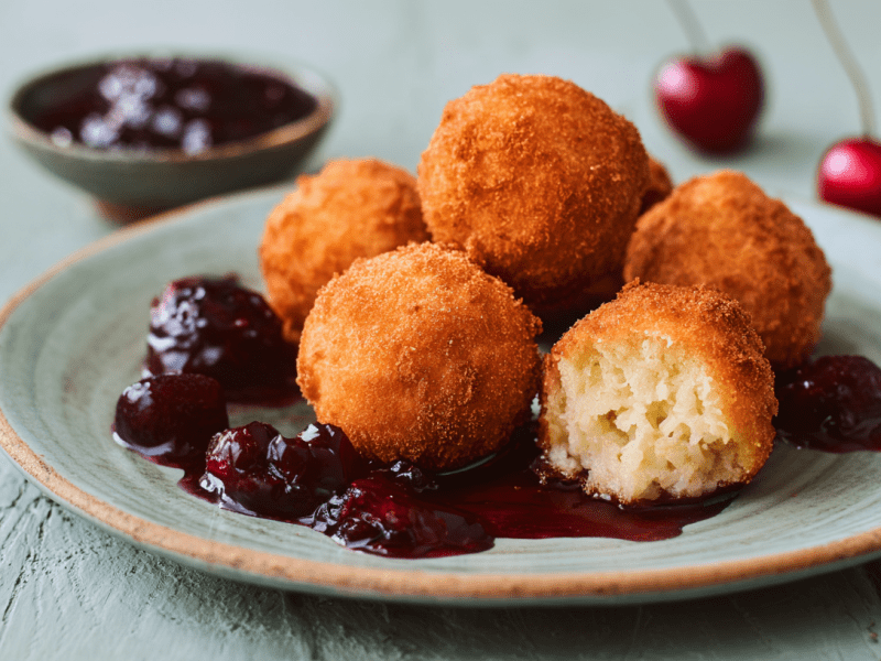 Milchreisbällchen mit Kirschkompott, serviert auf einem Teller. Kirschen und Kompott stehen im Hintergrund.