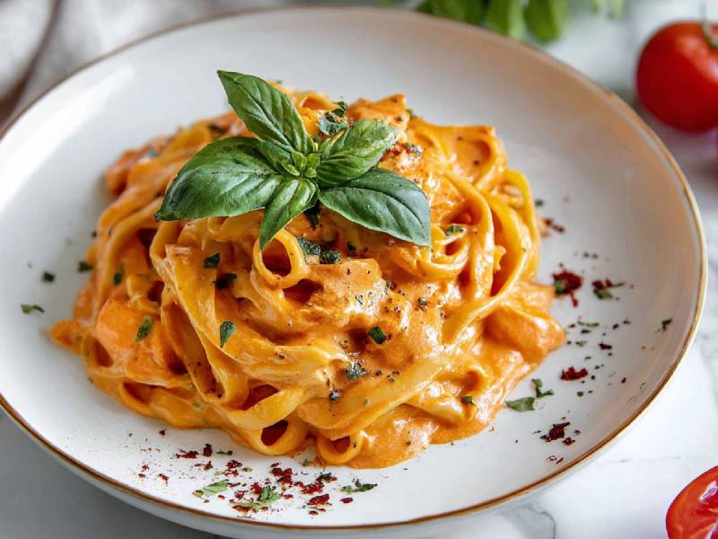 Teller Nudeln in Tomaten-Sahnesoße