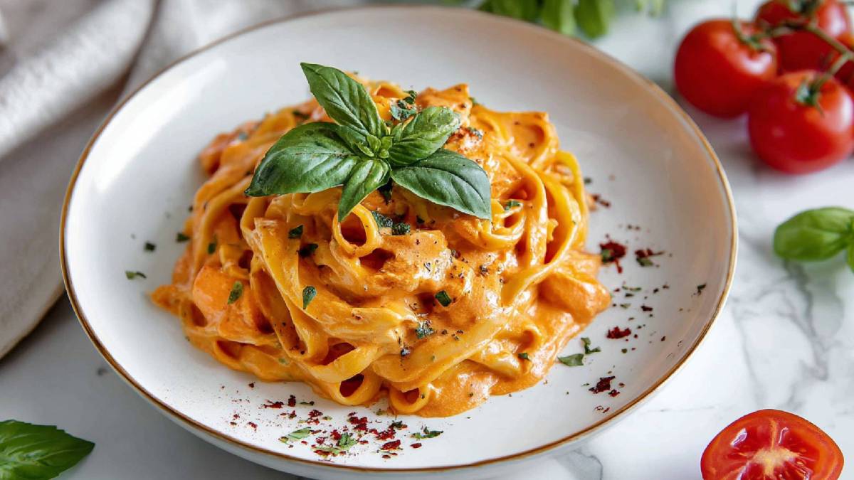 Teller Nudeln in Tomaten-Sahnesoße