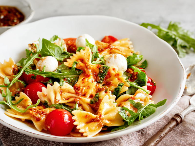 Ein tiefer Teller mit Nudelsalat mit Mozzarella und rotem Pesto.