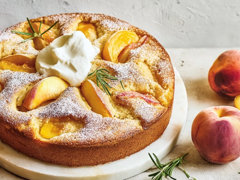 Ein Olivenölkuchen mit Pfirsich, Puderzucker und Frischkäsecreme. Daneben liegen frische Pfirsiche.