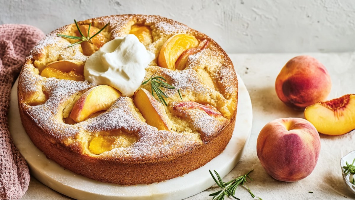 Ein Olivenölkuchen mit Pfirsich, Puderzucker und Frischkäsecreme. Daneben liegen frische Pfirsiche.