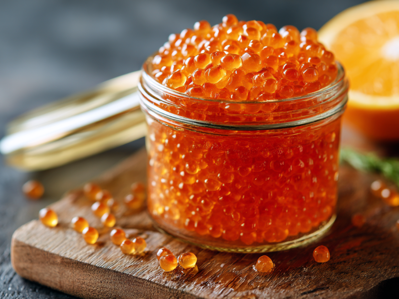 Orangenkaviar in einem kleinen Glas, im Hintergrund unscharf eine halbe Orange.