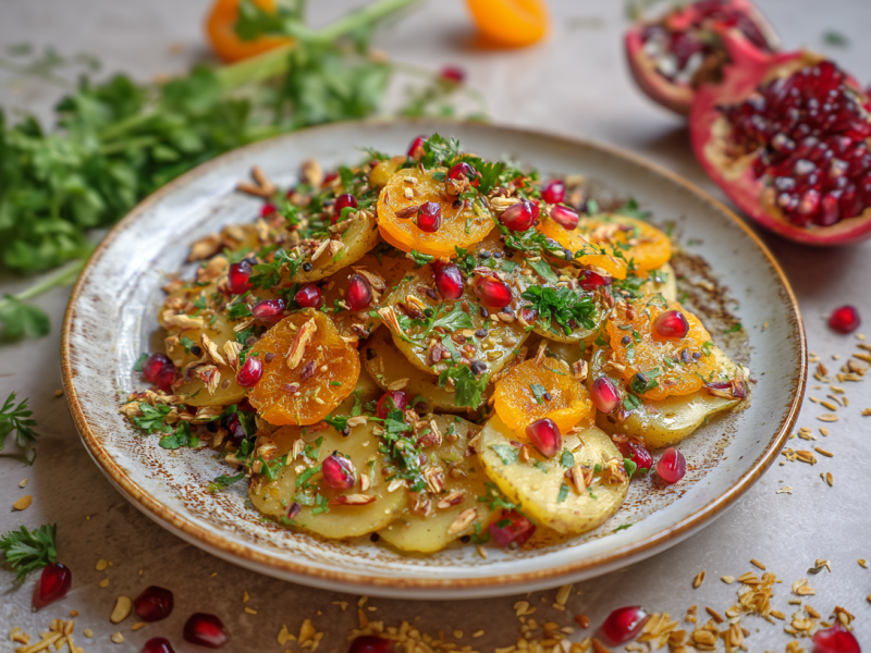 Ein Teller mit orientalischem Kartoffelsalat. Er ist mit Granatapfelkernen und kleingeschnittenen, getrockneten Aprikosen angerichtet. Rund um den Teller liegen Granatapfelkerne, Petersilie und kleingehackte Nüsse.