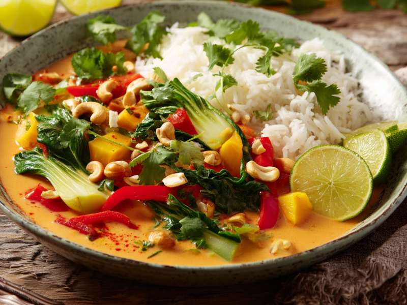 Eine Schale mit Pak Choi Curry, serviert mit Reis.