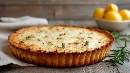 Eine runde Parmesan-Tarte, die auf einem Holztisch steht. Sie liegt halb auf einem Küchenhandtuch, das links neben ihr drapiert ist. Im Hintergrund steht eine Schale mit frischen Zitronen. Rechts neben der Parmesan-Tarte liegt ein Zweig frischer Rosmarin.