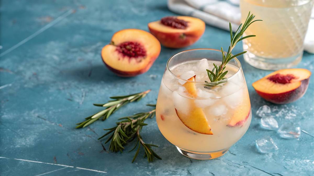Glas mit Pfirsich-Rosmarin-Fizz auf einem Tisch, Pfirsiche daneben