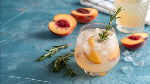 Glas mit Pfirsich-Rosmarin-Fizz auf einem Tisch, Pfirsiche daneben