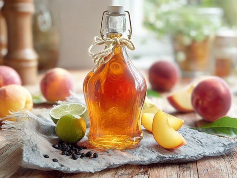 Eine Bügelflasche mit selbst gemachtem Pfirsich-Sirup. Die Flasche steht auf einem ausgebreiteten Stofftuch. Ringsum liegen Pfirsiche verteilt, genauso wie Pfirsichstücke, eine Limette und Pfefferkörner. Im Hintergrund kann man die restliche Küche erkennen.