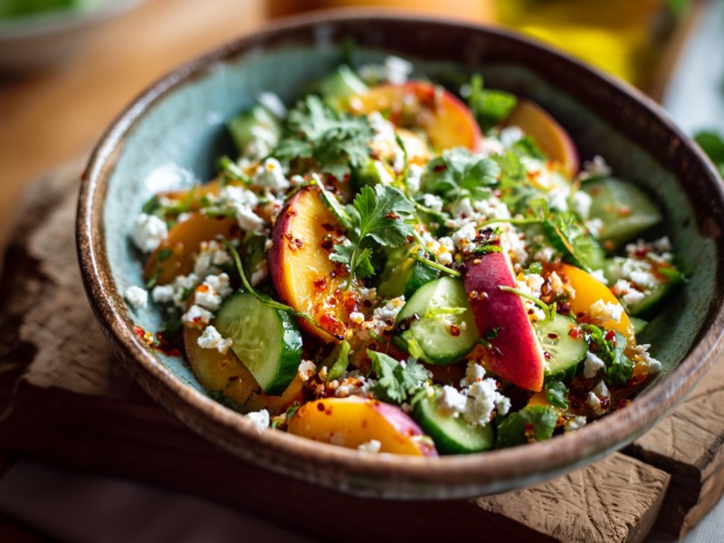 Ein Teller mit pikantem Gurken-Pfirsich-Salat. Der Teller steht auf einem rustikalen Holzbrett. Im Hintergrund kann man verschwommen frische Kräuter erkennen.