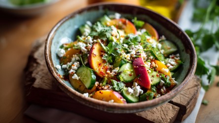 Ein Teller mit pikantem Gurken-Pfirsich-Salat. Der Teller steht auf einem rustikalen Holzbrett. Im Hintergrund kann man verschwommen frische Kräuter erkennen.