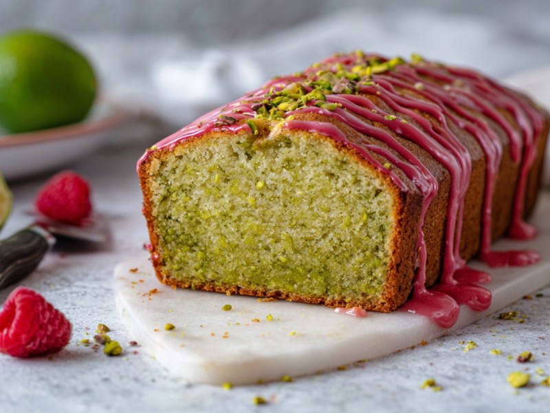 Ein angeschnittener Pistazien-Limetten-Kuchen auf einem Holzbrett.