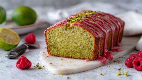 Ein angeschnittener Pistazien-Limetten-Kuchen auf einem Holzbrett.