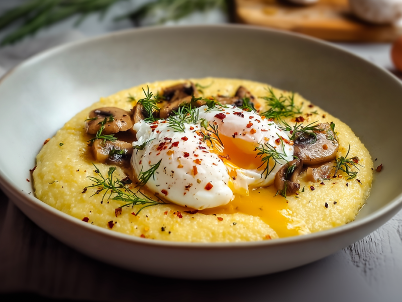 Eine Schüssel mit Polenta mit pochierten Eiern, die mit angebratenen Champignons und einem pochierten Ei getoppt ist.