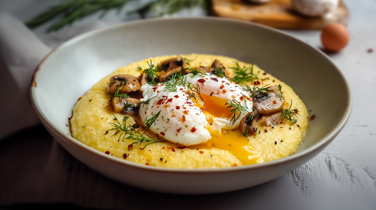 Eine Schüssel mit Polenta mit pochierten Eiern, die mit angebratenen Champignons und einem pochierten Ei getoppt ist.