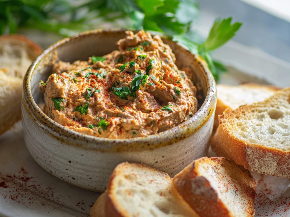 Eine rustikale Keramikschüssel mit portugiesischer Sardinenpaste, die mit frischer gehackter Petersilie garniert ist. Ringsum liegt frisches Weißbrot zum Dippen. Im Hintergrund kann man noch mehr frische Petersilie erkennen.