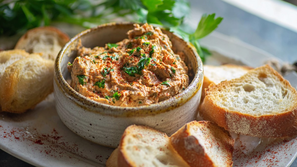 Eine rustikale Keramikschüssel mit portugiesischer Sardinenpaste, die mit frischer gehackter Petersilie garniert ist. Ringsum liegt frisches Weißbrot zum Dippen. Im Hintergrund kann man noch mehr frische Petersilie erkennen.