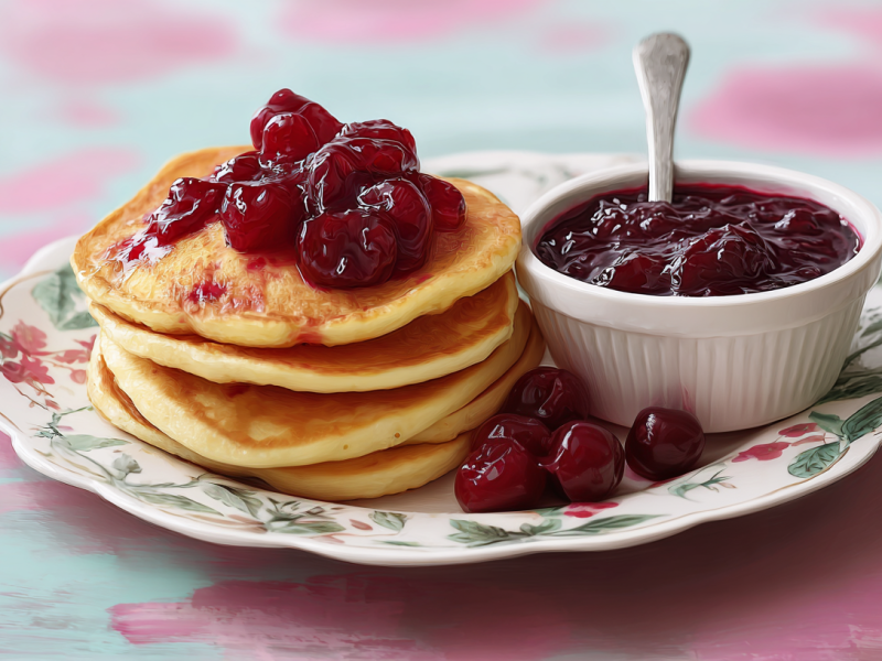 Ein Teller mit einem Stapel Quarkküchlein mit Kirschragout, daneben steht ein Schälchen mit Kirschragout.