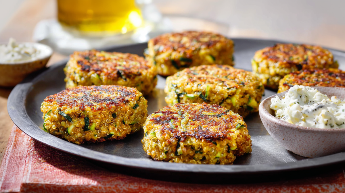 Quinoa-Bratlinge mit Zucchini und Feta, serviert auf einem Teller.