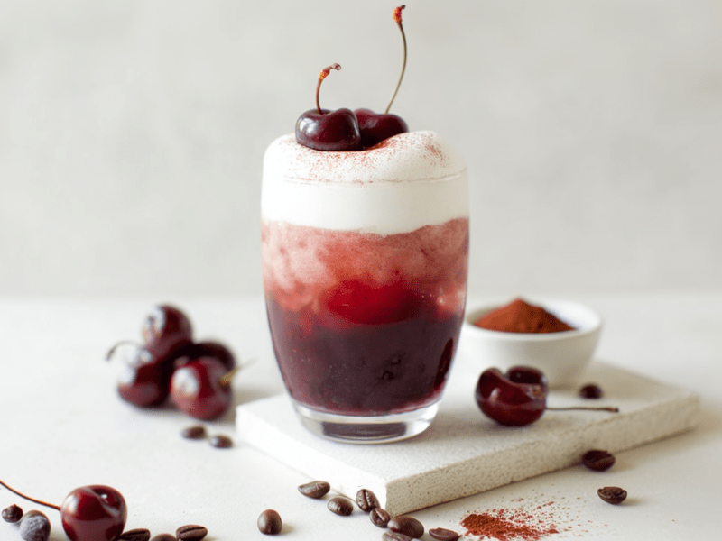 Ein Glas mit Red Velvet Kaffee auf einem kleinen Brett. Das Glas ist umgeben von einigen Kirschen und Kaffeebohnen.