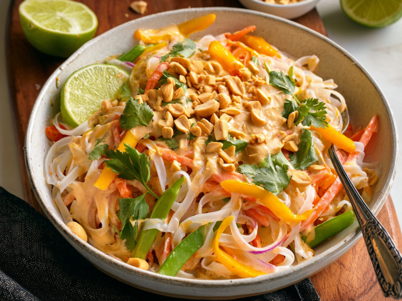 Eine Salatschale mit Reisnudelsalat mit Erdnusssoße.