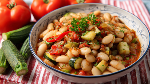 Ein Teller mit Riesenbohnen-Ratatouille. Daneben liegen einige Zucchini und Tomaten als Dekoration.