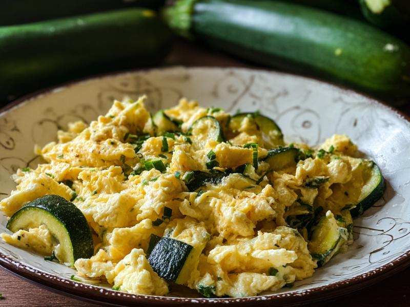 Ein Teller Rührei mit Zucchini und Hüttenkäse.