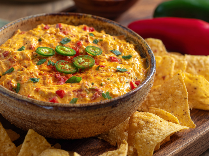Eine Schale mit scharfem Paprika-Käse-Dip steht auf einem Holzbrett. Der Dip ist mit Jalapeño-Ringen garniert. Um die Schale liegen Nachos verteilt. Im Hintergrund sind zwei Paprika.