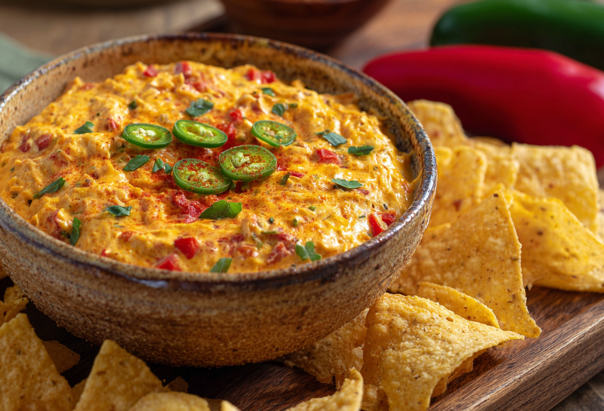 Eine Schale mit scharfem Paprika-Käse-Dip steht auf einem Holzbrett. Der Dip ist mit Jalapeño-Ringen garniert. Um die Schale liegen Nachos verteilt. Im Hintergrund sind zwei Paprika.