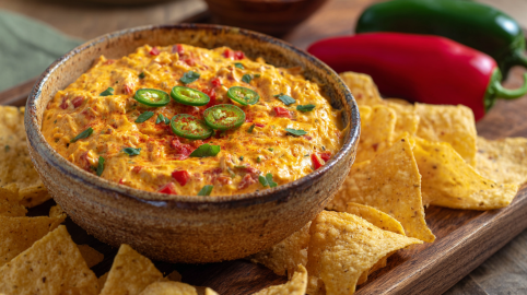 Eine Schale mit scharfem Paprika-Käse-Dip steht auf einem Holzbrett. Der Dip ist mit Jalapeño-Ringen garniert. Um die Schale liegen Nachos verteilt. Im Hintergrund sind zwei Paprika.