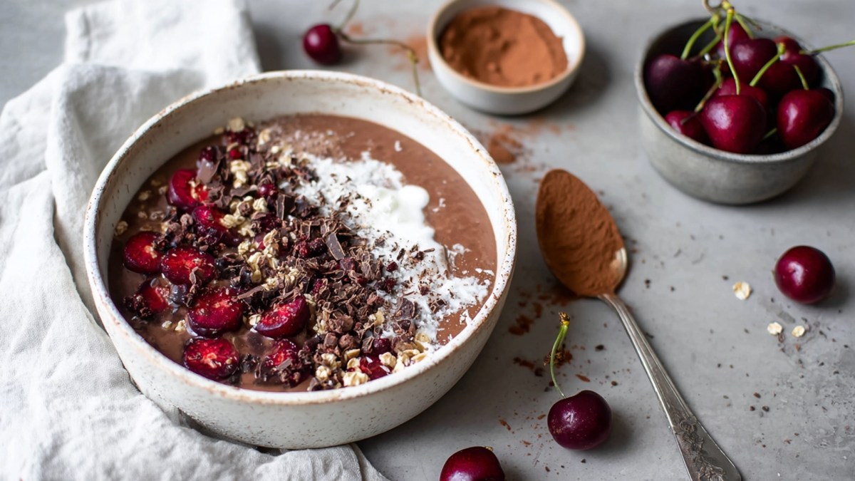 Eine Schwarzwälder Kirsch-Smoothie-Bowl, die mit frischen Kirschen, Granola, geraspelter dunkler Schokolade und Joghurt garniert ist. Neben der Schüssel ist ein helles Küchenhandtuch drapiert. Außerdem sind ein Löffel mit Kakopulver, eine Schale mit Kakao und eine Schale mit Kirschen zu sehen. Frische Kirschen kullern auch herum.