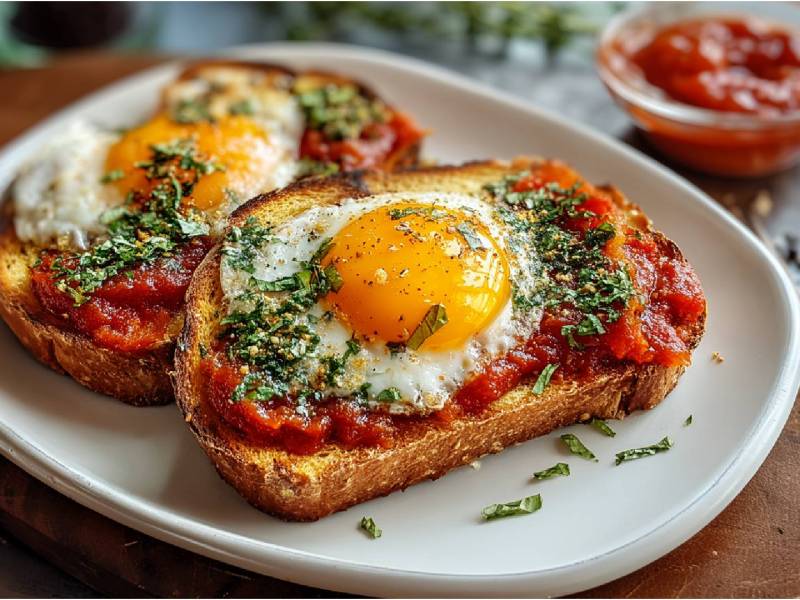zwei Shakshuka-Toast auf einem Teller