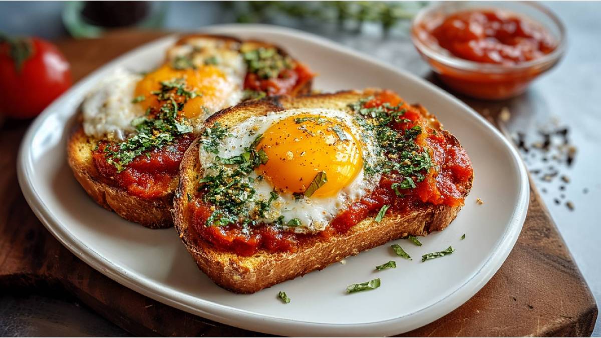 zwei Shakshuka-Toast auf einem Teller