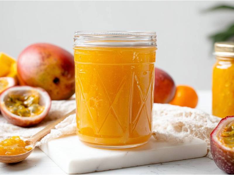 Zwei Gläser Solero-Marmelade auf einem Tisch, Mangos und Maracujas daneben